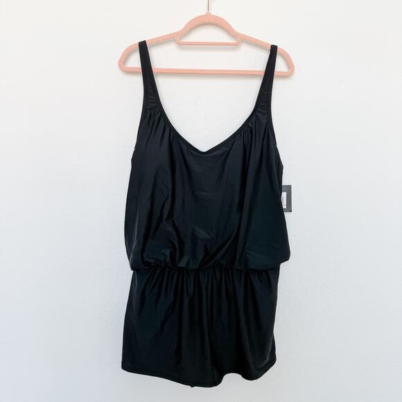 NWT Ellen Tracy One Piece Swim Romper Black Size 12 Black‎ Classic Resort Beach - Picture 1 of 6